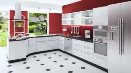 Custom modern kitchen with red walls, white cabinets, black and white floor and stainless steel appliances