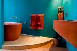 Finish of the bathtub adds to the trendy Mediterranean style [Design: House + House Architects]