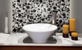 Photo features Black Pebbles Accent on bathroom backsplash.