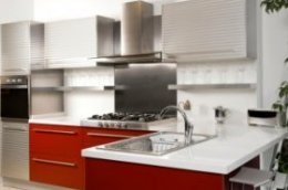 White,  silver and red kitchen design